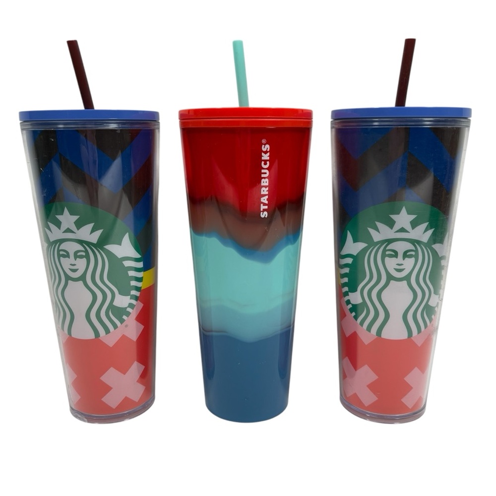 Starbucks Colorful Tumbler Bundle Deal Lot Set 3 Tall Cups with Straws 24oz